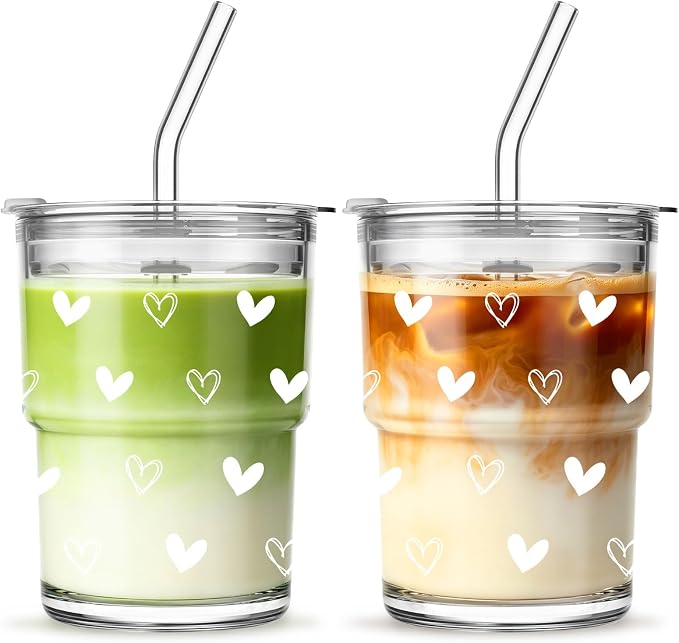 INSETLAN 13 oz Heart Decal Glass Tumblers Set of 2, Thick Wall Glass Cups