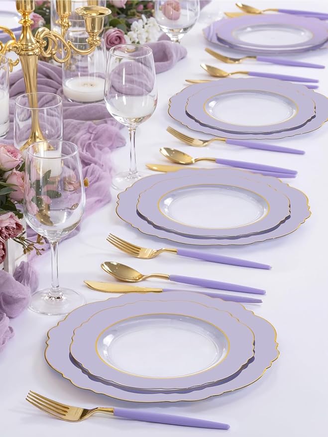 60pcs Clear Purple Plates Disposable