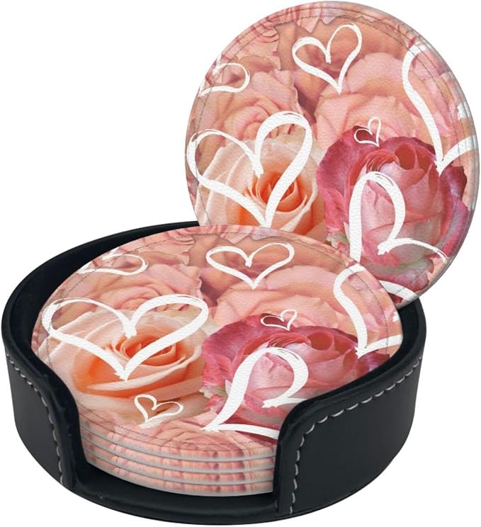 Drink Coasters with Holder Stand Set of 6, Heart Pink Rose Flower Pu Leather