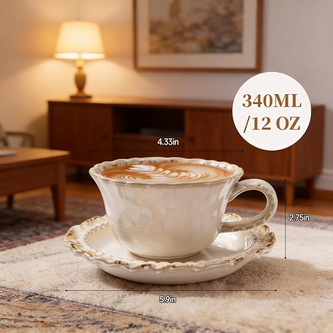 Vintage Porcelain Coffee Cup and Saucer Set, 12 OZ Ceramic Latte Mug