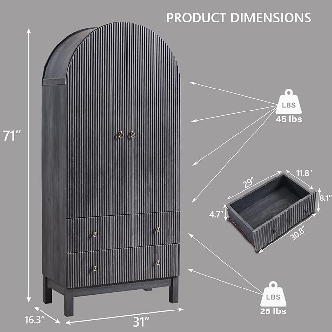 71" Tall Arched Pantry Cabinet, Fluted Kitchen Storage Cabinet