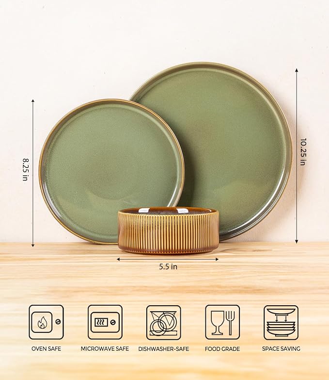 Ceramic Dinnerware Set for 4, 12-Piece Plates and Bowls Set | Lightweight