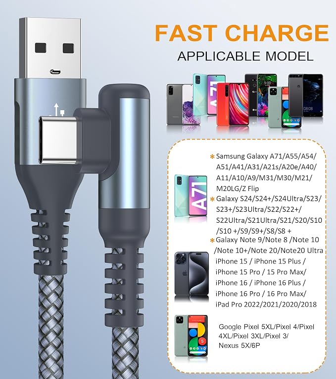 sweguard USB Type C Charger Cable Right Angle iPhone 16 Charger Nylon Braided