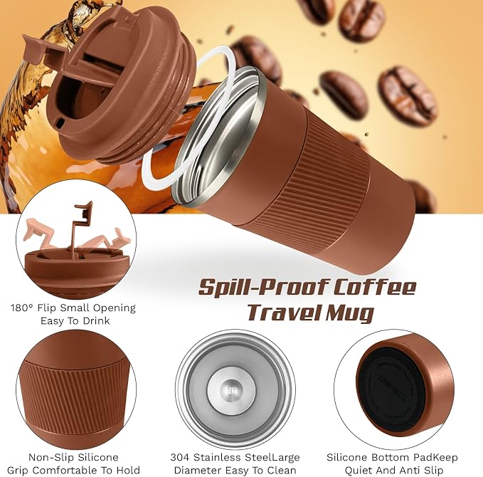 Vacuum Insulated Stainless Steel Travel Coffee Mug, Leak Proof Cup