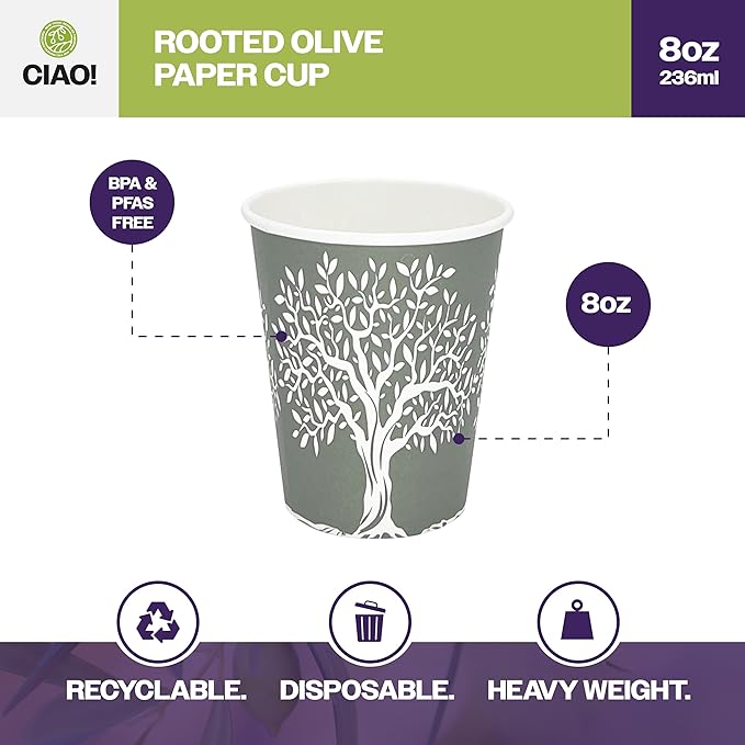 CIAO! 8oz Paper Hot Cup, Rooted Olive Print