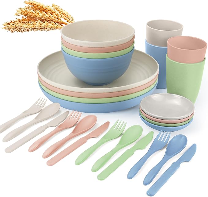 wheat straw bowls, cups and cutlery sets 28 pcs