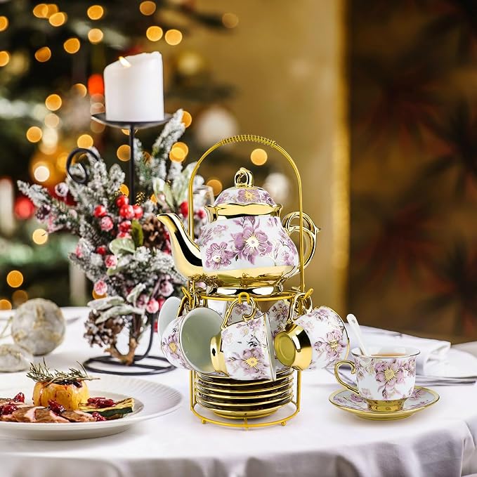 20 Pcs Porcelain Tea Set With Metal Holder,