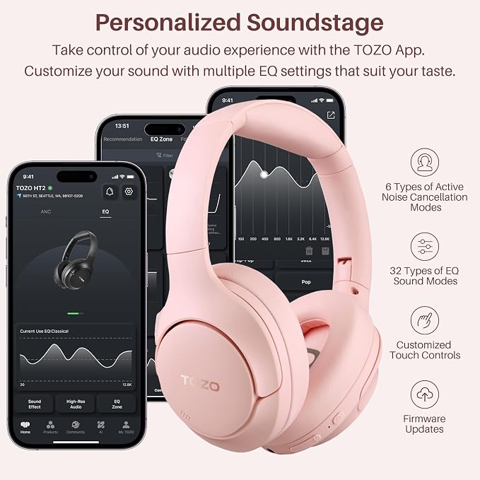 TOZO HT2 Hybrid Active Noise Cancelling Headphones, Wireless Over Ear Bluetooth