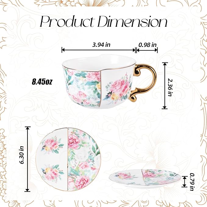 KAMMAK Tea Cups and Saucers Set of 2, Fine Bone China Coffee Cups, YX011 |