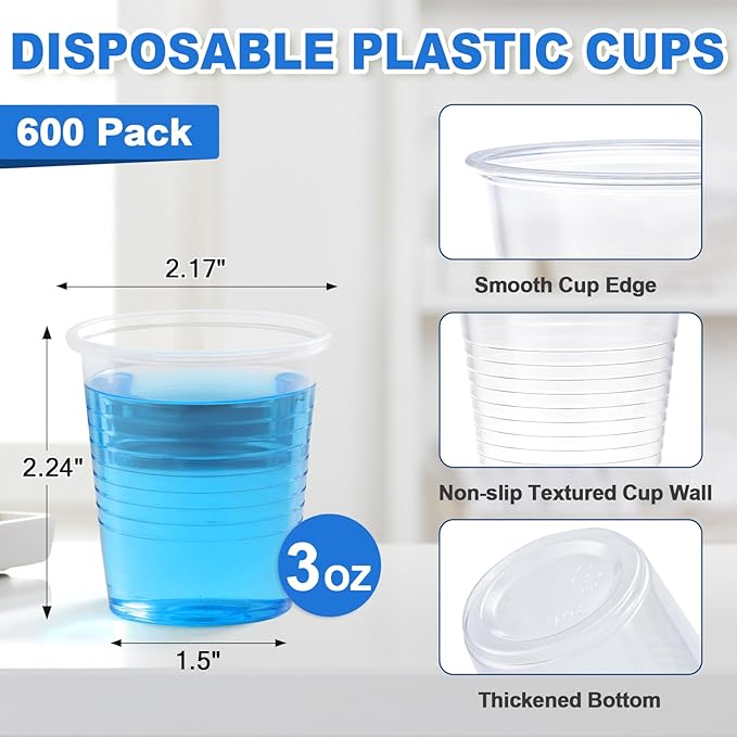 SIUQ 600 Pack 3 oz Clear Plastic Cups, Disposable Bathroom Mouthwash Cups |