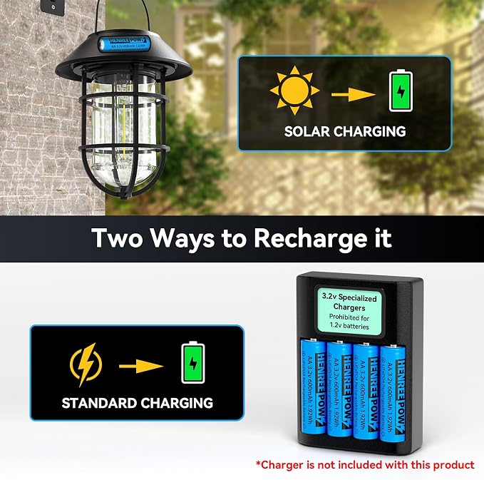Henreepow AA 3.2v Solar Rechargeable Batteries, LiFePo4 Double A 600mAh 3.2v