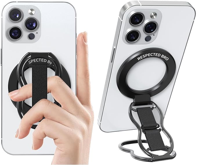 RESPECTED-BRO-Magnetic-Phone-Grip-Stand-with-Finger-Strap, 4-in-1 Magnetic Ring