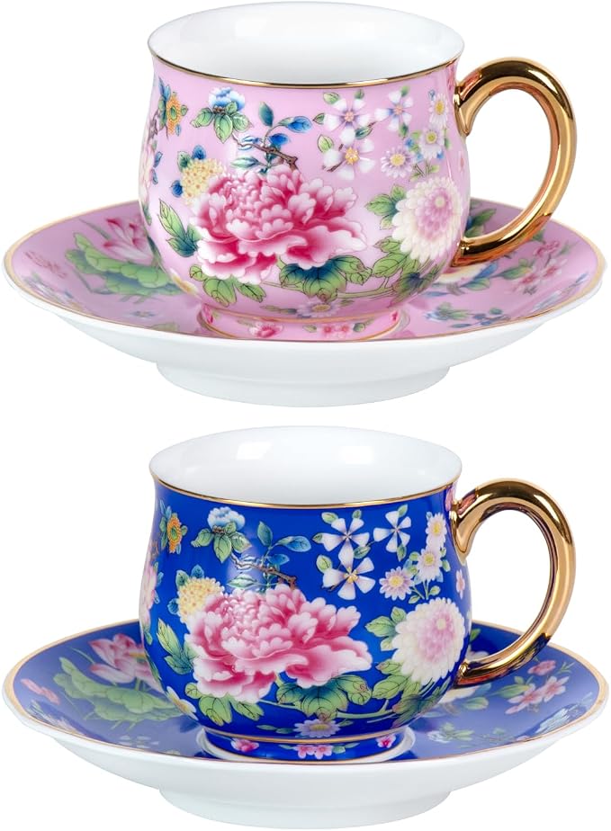 KAMMAK Tea Cup and Saucer, Ceramic Coffee Cups, 7.1 oz, Afternoon Tea and