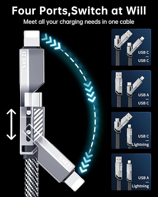 SHEZI 4-in-1 USB C Cable 240W 5FT Flat Nylon Braided Multi Charger Cord Wire