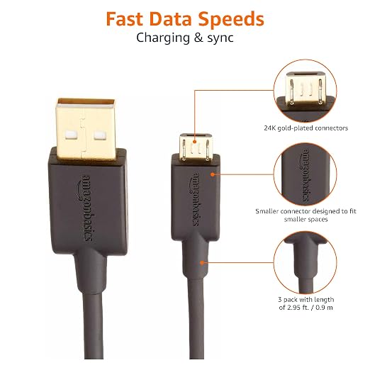 Amazon Basics 3-Pack USB-A to Micro USB Charging Cable, 480Mbps Transfer Speed