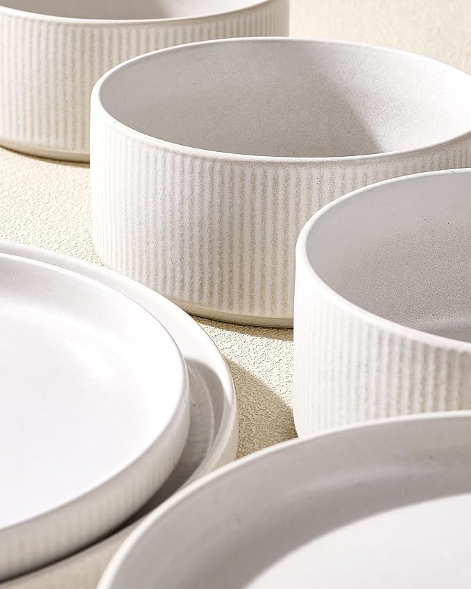 Stoneware Dinnerware Set for 4, 8-Piece Wide Pasta Bowls and Salad Plates |
