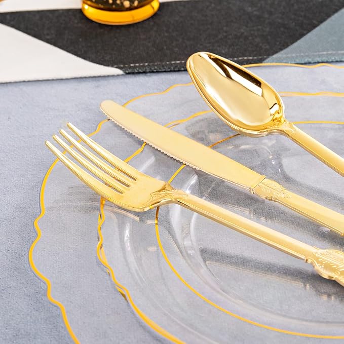 YOUBET 125PCS Clear Gold Plastic Plates