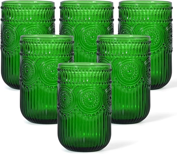 CHLJAR Christmas Green Vintage Wine Drinking Glasses Set of 6, 14 oz hobnail