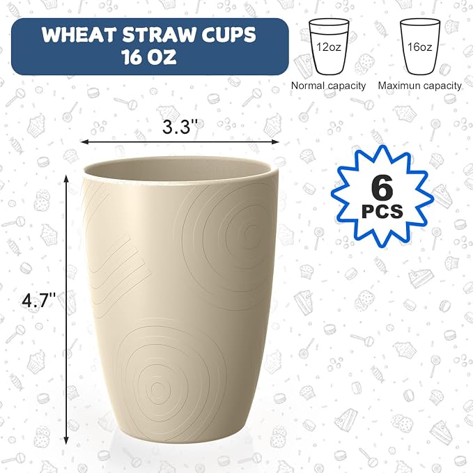 Unbreakable Wheat Straw Cups, Alternative to Plastic Cups Set 6 PCS, 16 OZ