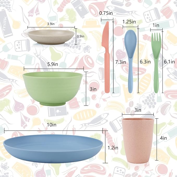wheat straw bowls, cups and cutlery sets 28 pcs