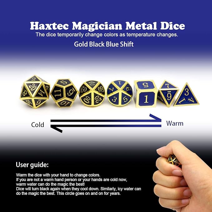 Haxtec Temperature Color Chaning Metal DND Dice Set Gold Blue Polyhedral D&D