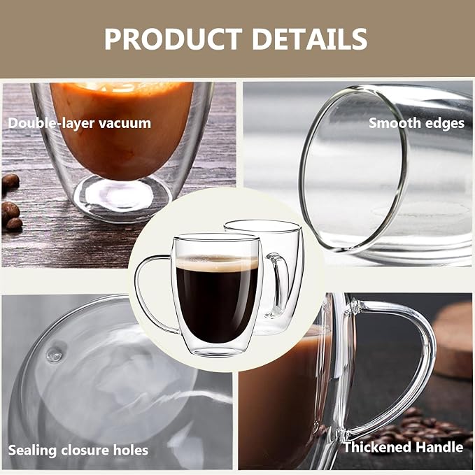 DINGPAI 4 Pack Double Wall Glass Coffee Mugs, 12oz Clear Coffee Cups | Heat