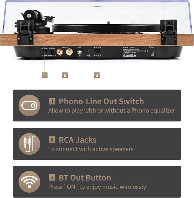 Turntable Vinyl Record Player Support Bluetooth Output Phono/Line Switch Pitch
