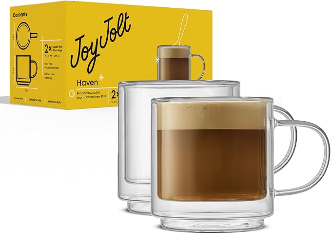 JoyJolt Haven Stackable Double Wall Glass Mugs, Double Wall Glass Coffee Cups