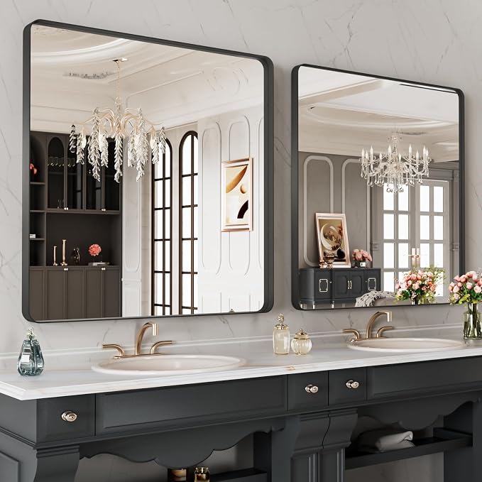 32X32 Inch Black Metal Framed Bathroom Mirror
