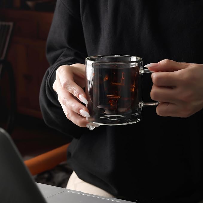 NIRA.Z 12 OZ Double Walled Glass Coffee Mugs Set of 2 Clear Coffee Cups