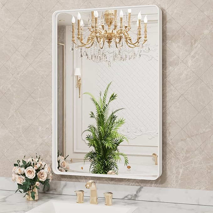 24x36 Inch White Metal Framed Bathroom Mirror