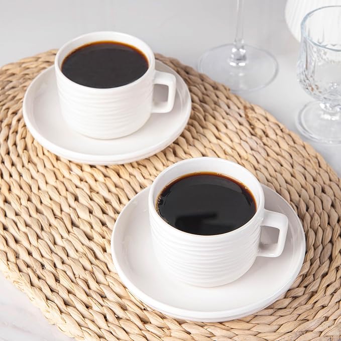 Tea Cups and Saucers Set, 8 OZ White Porcelain Coffee Cups | British Tea Set of