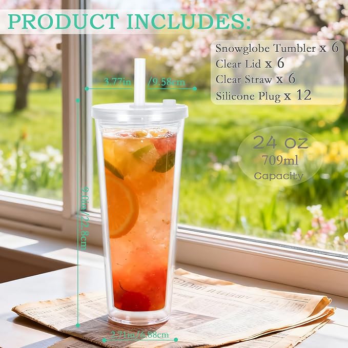 6 Pack 24Oz Snow Globe Tumblers, Double Wall Acrylic Pre Drilled Snow Globe Cup