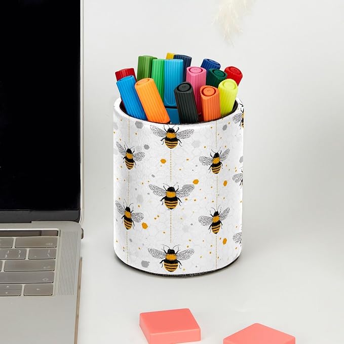 Leather Pen Holder for Desk, Bees Pencil Cup Pen Organizer Makeup Brush Holder