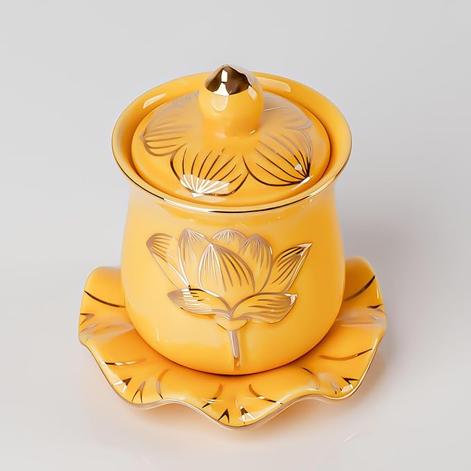 QINLANG Yellow Buddha Water Cup, Ceramic Holy Water Offering Cup