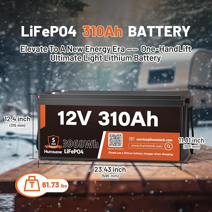 12V 310Ah LiFePO4 Lithium Battery – Max. 3968Wh Solar/RV/Off-Grid Power
