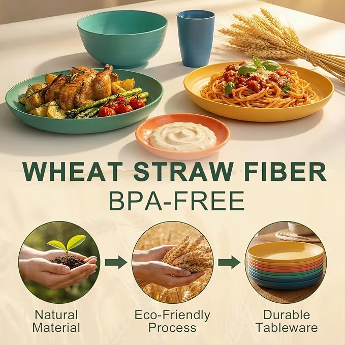 Wheat Straw Dinnerware Sets 40 Piece, Kitchen Plates and Bowls Set, Unbreakable