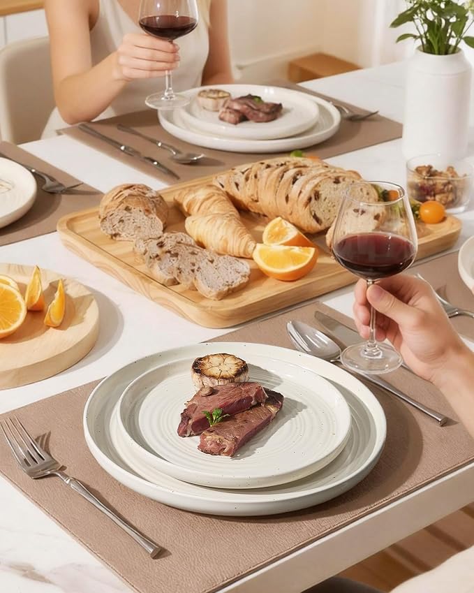 Stoneware Dinnerware Sets for 8, Plates and Bowls, Cream | 24-Piece Ceramic