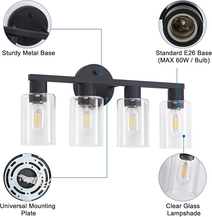 4 Light Bathroom Vanity Light, Matte Black Bathroom Light Fixtures
