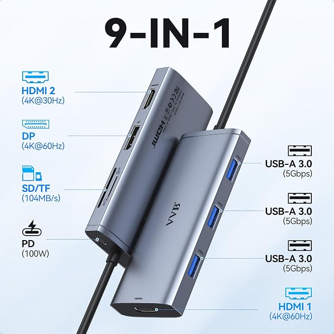 Docking Station VVB USB C Adapter, 9 in 1 Triple Display USB C Hub Multiport