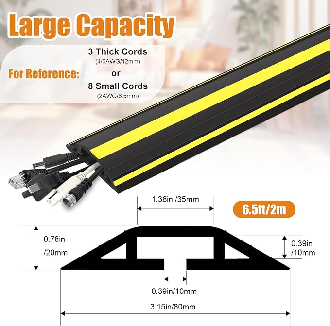 6.5 ft Cord Covers for Wires on Floor, Heavy Duty PVC Duct Floor Cord Cover