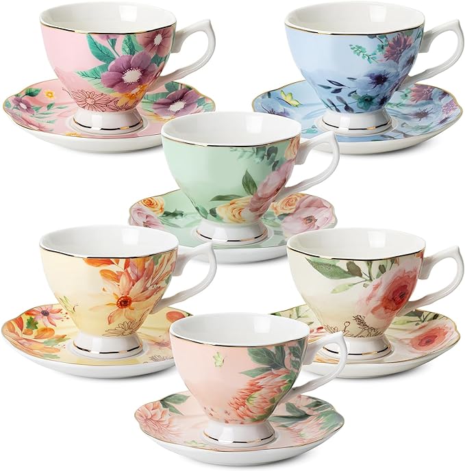 BTaT- Floral Tea Cups and Saucers, 6 Pack, 8 oz | Fine Porcelain Teacup Set