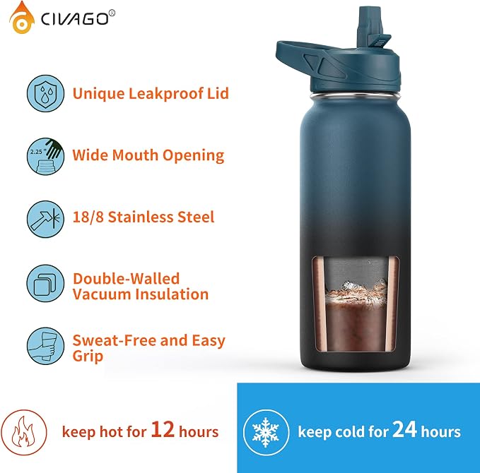 CIVAGO 32 oz Insulated Stainless Steel Water Bottle