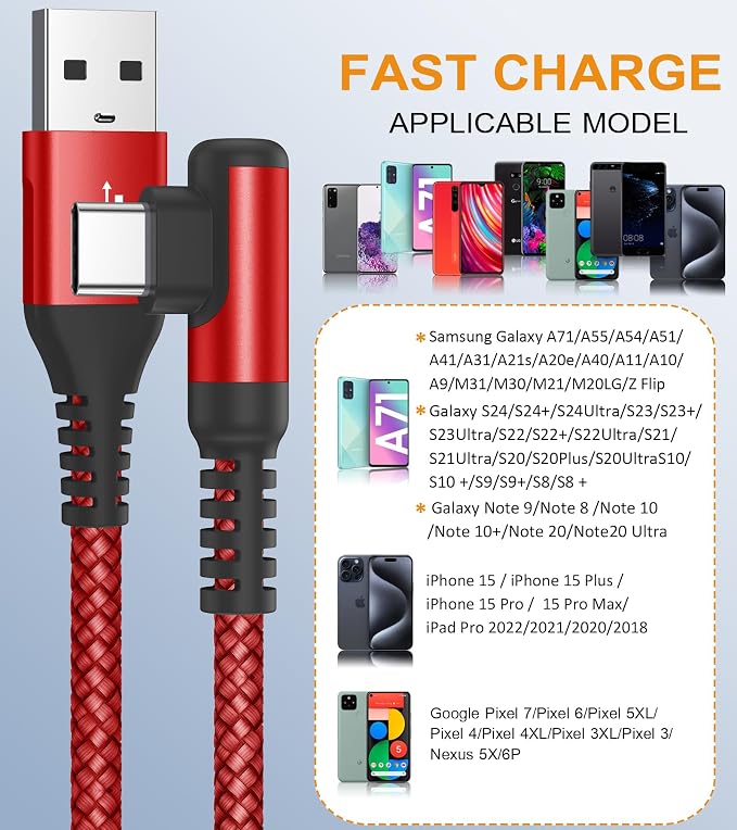sweguard USB Type C Charger Cable Right Angle iPhone 16 Charger Nylon Braided