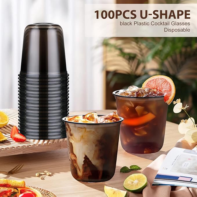 KesaPlan 100 Pcs 12oz Plastic Black Cups, Disposable Wine Cocktail Glasses |
