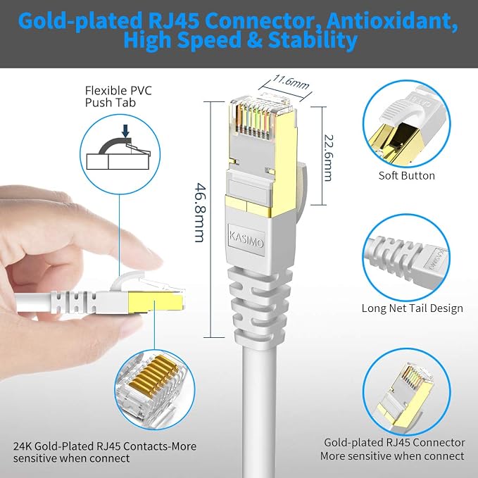 KASIMO CAT 8 Ethernet Cable Shielded SFTP Internet Network Patch Cord, Heavy