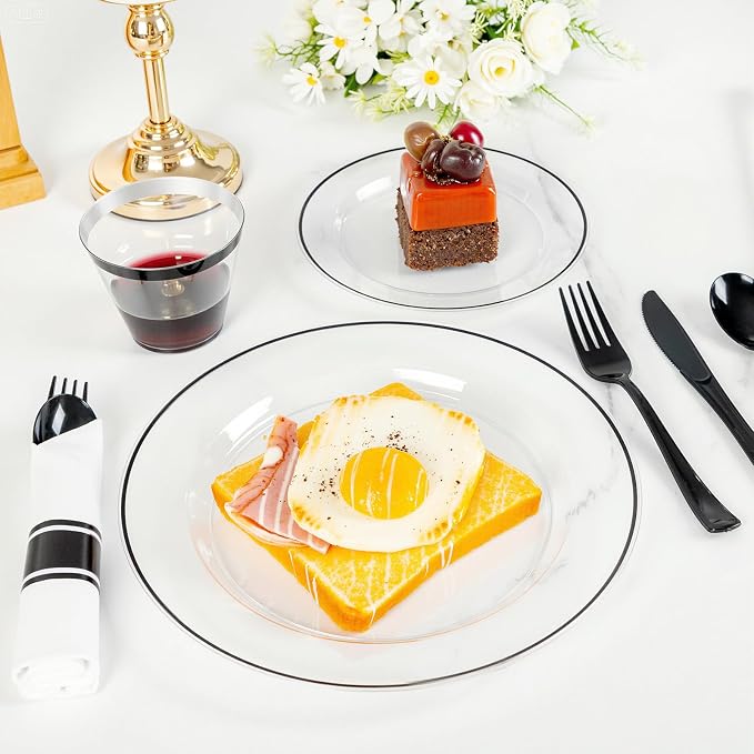 SUT 350 Pcs Black and Clear Plastic Dinnerware Set
