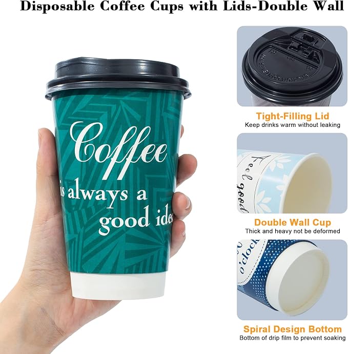 Disposable Coffee Cups with Lids 16 oz, 50 Pack Double-Walled Fun Designs