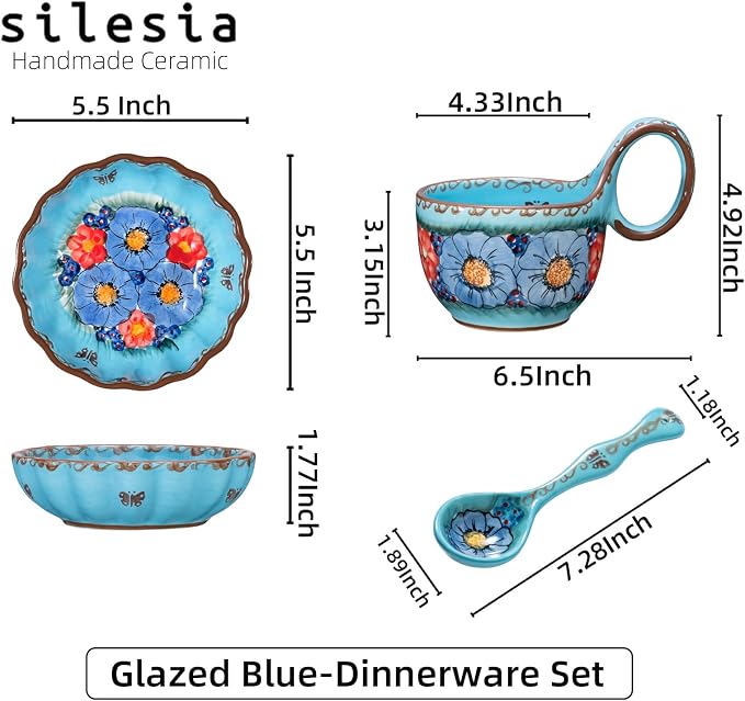 silesia Handmade Loop Handle Soup Bowl, Plate and Spoon Set Ceramic Hand
