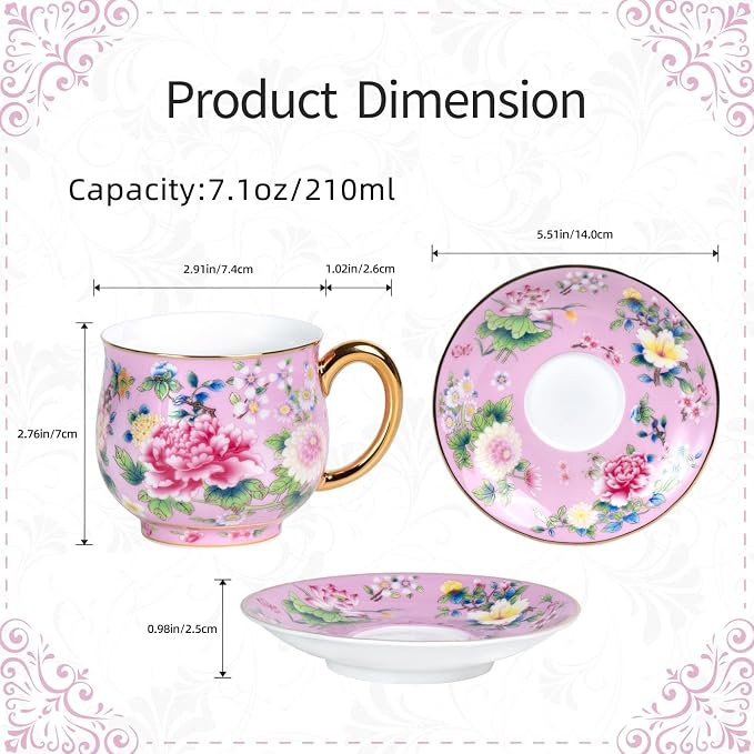 KAMMAK Tea Cup and Saucer, Ceramic Coffee Cups, 7.1 oz, Afternoon Tea and